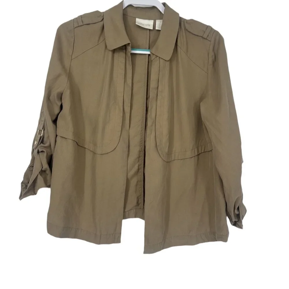 Chico’s Taupe Lyocell Utility Jacket Roll Tab Sleeves Small - Picture 2 of 7